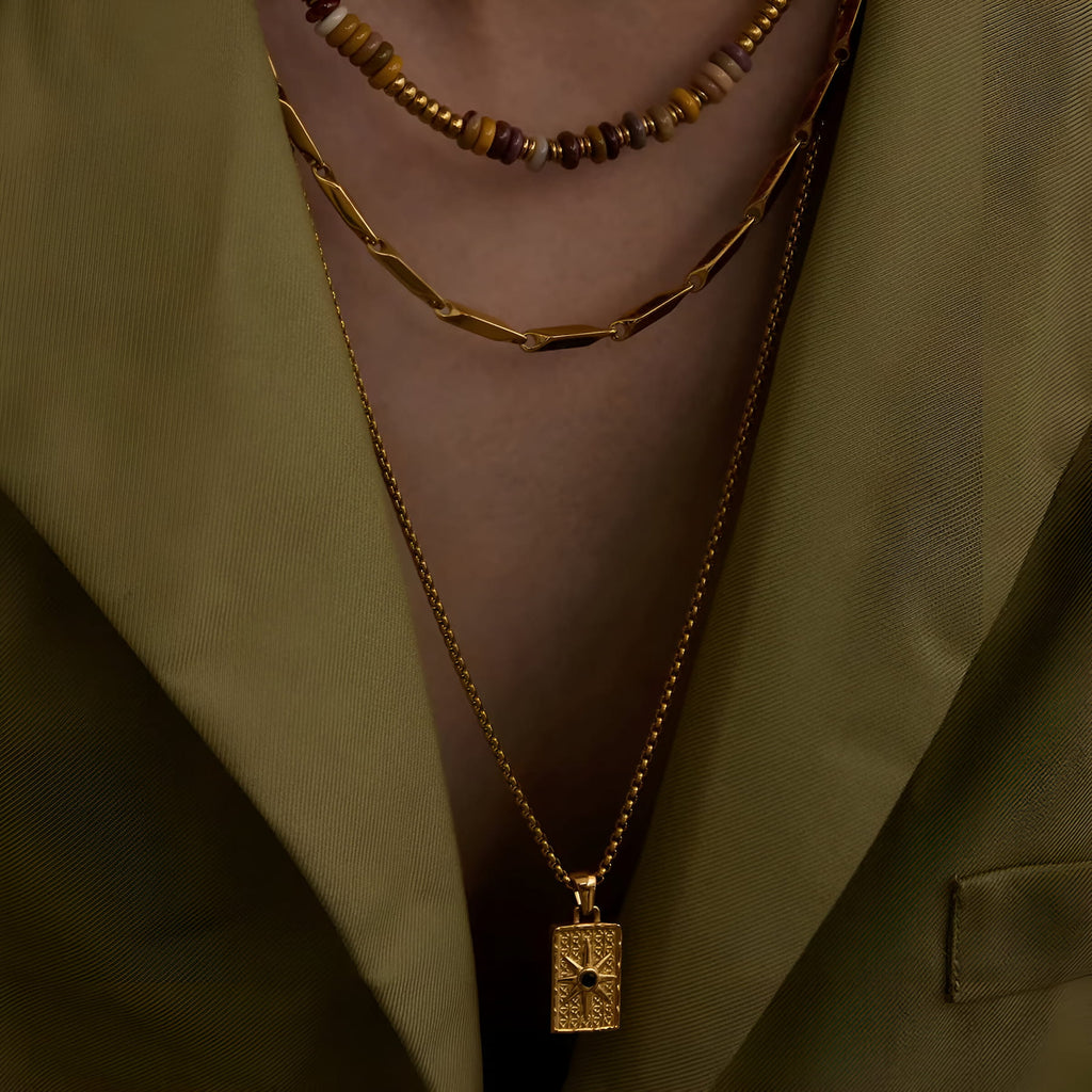 Square compass black stone necklace
