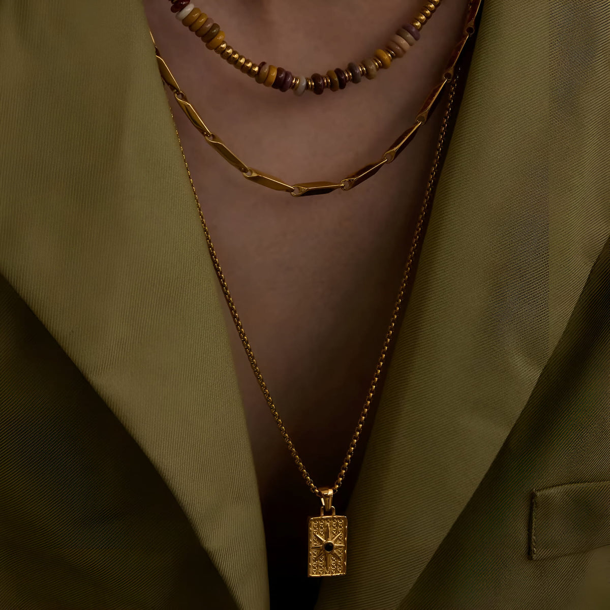 Square compass black stone necklace