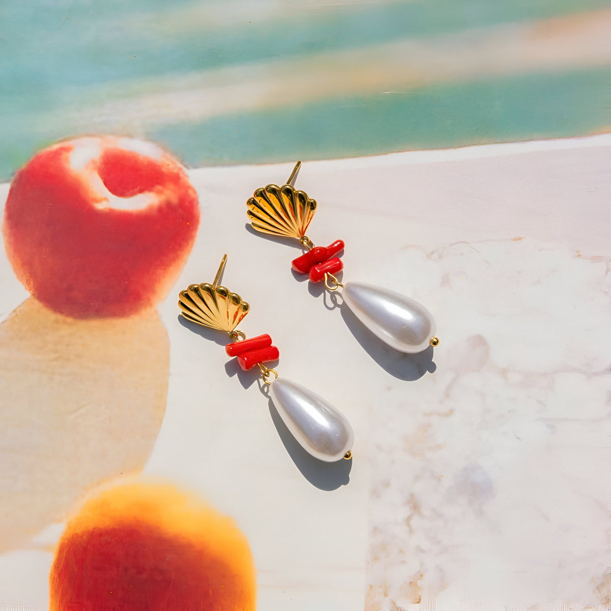 Pearl coral shell earrings