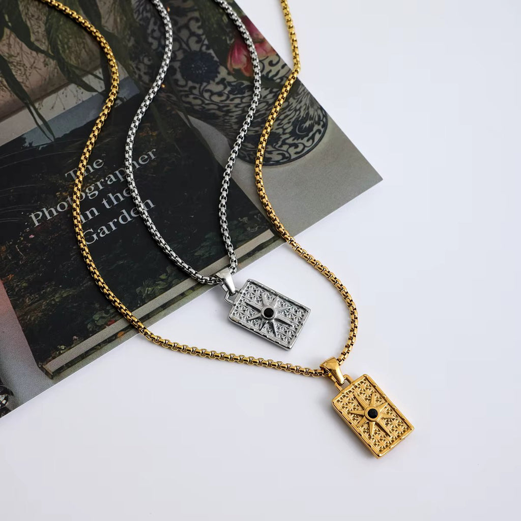 Square compass black stone necklace
