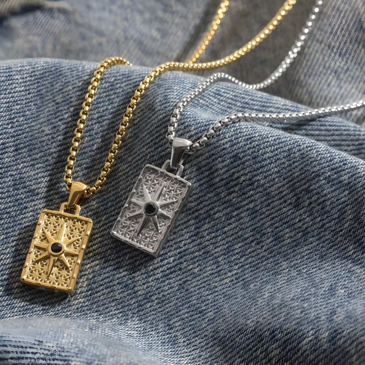 Square compass black stone necklace